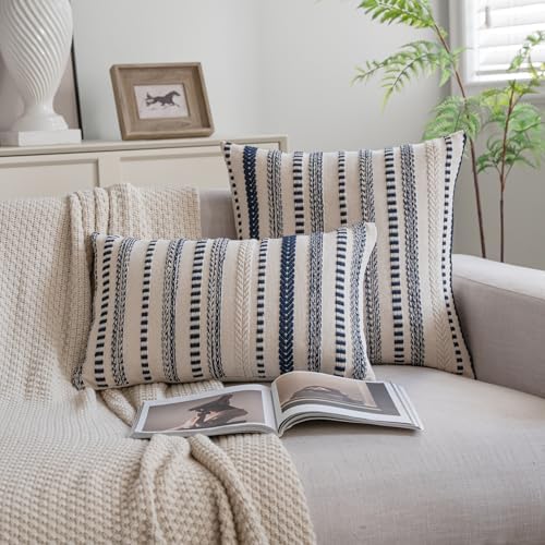 Cethom Navy Blue Boho Lumbar Throw Pillow Covers 12x20 Inch Set of 2, Stripe - Image 2