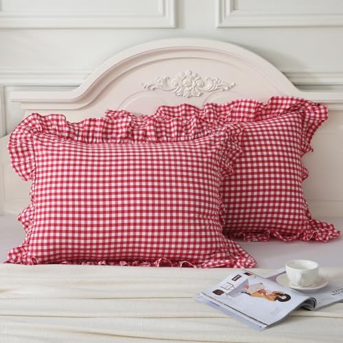 Mywinlle Red/White Plaid Gingham Pillow Shams King Size Set of 2 by Mywinlle
