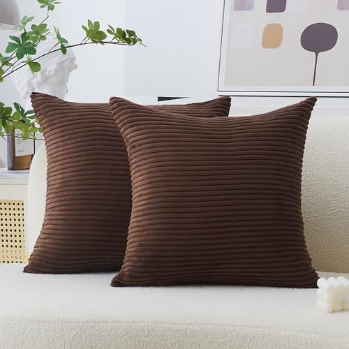 Home Brilliant Brown Couch Pillow Covers Set of 2 Soft Striped Velvet by HomeBrilliant