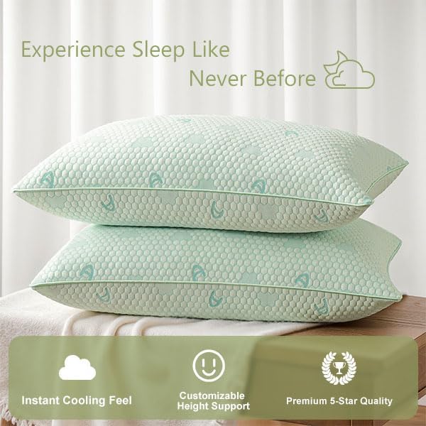 ACCURATEX Cooling Memory Foam Pillows for Sleeping Queen Size Set of 2, Adjustable Fluffy Pillows with Removable Cover, Cool Bed Pillow for Side Back Stomach Sleepers, Machine Washable, Green