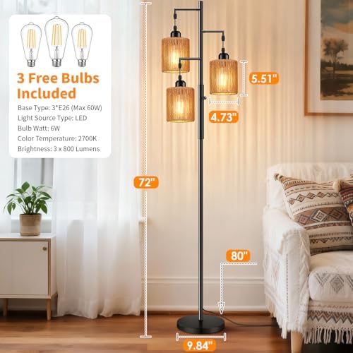 Hotsonic 72" Boho Rattan Tree Floor Lamp, Tall Dimmable Industrial Standing Lamp, Corner Decor Accent Lighting for Living Room, Bedroom, Dining Room, Nursery, Cafe (3 x 800LM Bulbs Included) - Black - Image 6