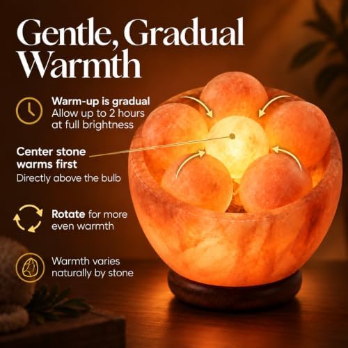 UMAID Himalayan Salt Lamp Bowl with 6 Himalayan Salt Massage Stones, Dimmable Pink Rock Salt Lamp for Bedroom, Office Desk & Meditation Room, Spa Decor, Relaxation Home Decor Gifts for Men & Women - Image 4