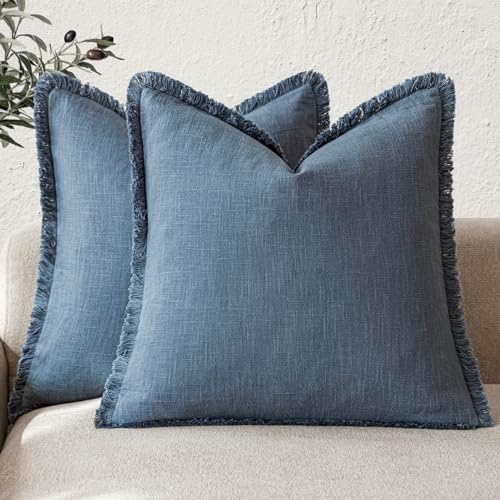 Foindtower Decorative Linen Fringe Throw Pillow Covers 24×24 Inch, Dark Blue by Foindtower