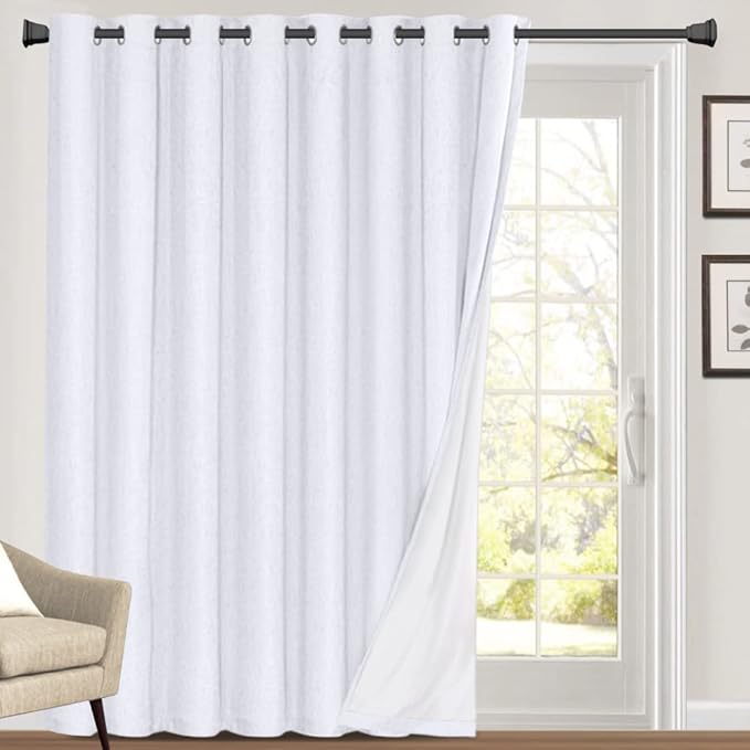 PrinceDeco 100% Blackout Curtains Linen Drapes 108 Inches Long Room Divider Curtains Patio Curtain for Sliding Door Thermal Curtain for Sliding Glass Door,W100 X L108 Inch, Preal White