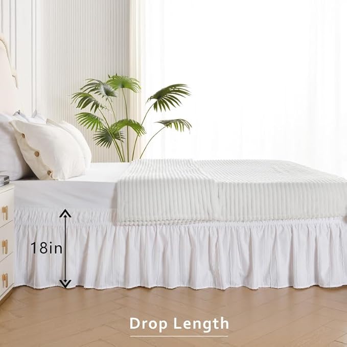 MIYE Striped Tufted Bed Skirt - Wrap Around Dust Ruffle with Elastic Belts - 18 Inch Drop Easy to Put On - Bedskirt Machine Washable ＆ Wrinkle Resistant(Striped/White, King/Queen-18 Drop)