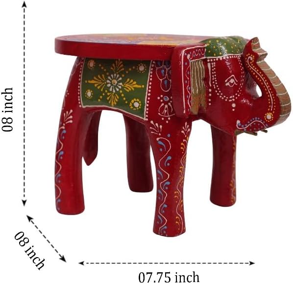 Handcrafted Wooden Elephant Stool, Hand-Painted Accent Table for Living Room, Bedroom & Office Décor (8 in)