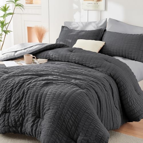 HYMOKEGE Dark Grey/Light Grey Oversized King Comforter Set Seersucker 7 Pieces by HYMOKEGE