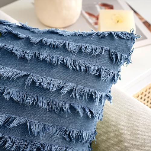 MIULEE Boho Linen Striped Throw Pillow Covers 18x18, Dark Blue - Image 3