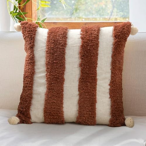 Boho Throw Pillow Covers 18x18 Tufted Home Decorations Dark Rust by LOOPUINHOM