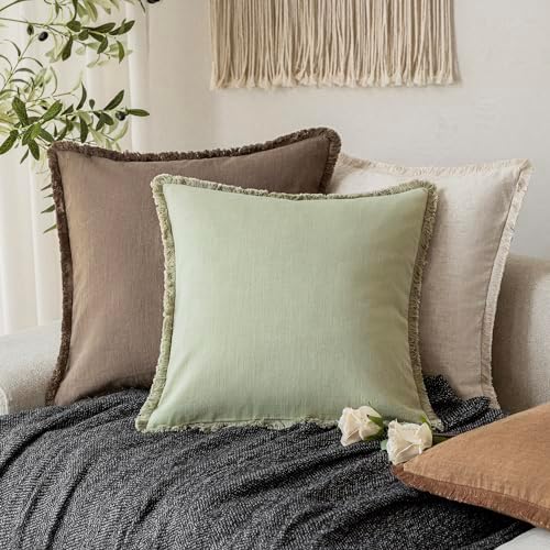 Foindtower Decorative Linen Fringe Throw Pillow Covers 18×18 Light Green - Image 5