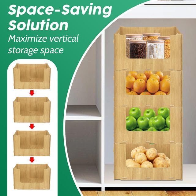 TidyFriend Wooden Stackable Storage Bins for Pantry, 4 Pack Stackable Bins For Organizing Food, Kitchen, and Bathroom Essentials (Wood)