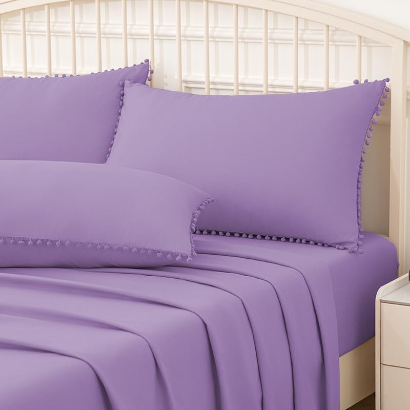 Pom Poms Pillow Shams Queen Size Set of 2, Light Purple Decorative Pillowcases - Image 5