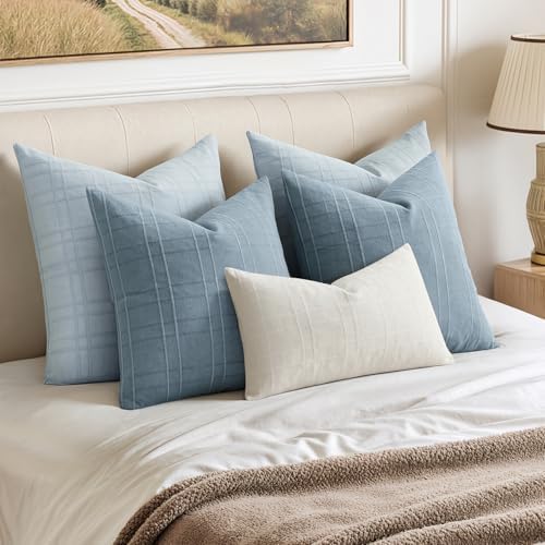 MIULEE Linen Plaid Pillow Covers Decorative Euro 24x24 Coastal Blue - Image 3