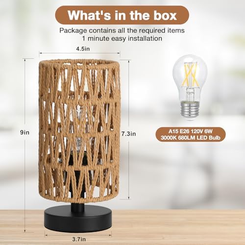 Fenmzee Table Lamps (Rattan Rope Shade - Black Base, 9" Inline Control) - Image 3