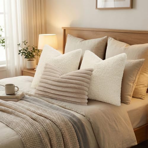 decorUhome Sherpa Throw Pillow Covers 16x16 Set of 2 Neutral Cream - Image 7