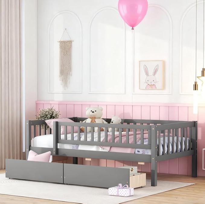 Bellemave Twin Bed Frames with Rails for Kids, Twin daybed Frame with Drawers for Boys/Girls/Adults，Gray