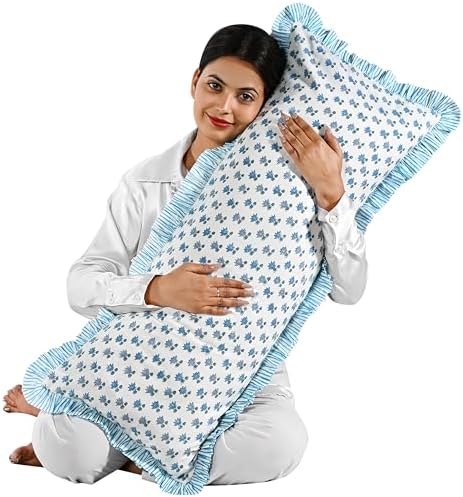 CPC Block Print Arctic Blue Ruffle Cotton Lumbar Pillow Cover 14x36 inch - Image 5