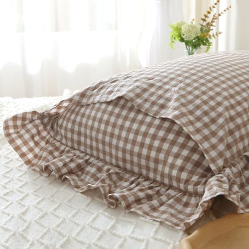 Mywinlle Taupe/White Plaid Gingham Ruffle Pillow Covers Queen Size 20"x30" - Image 4