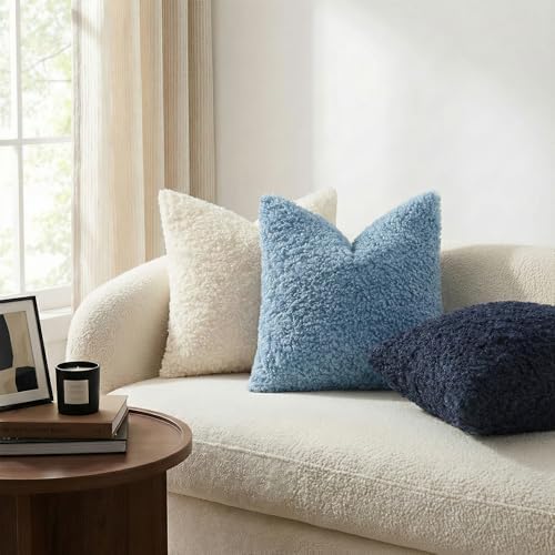 decorUhome Sherpa Decorative Throw Pillow Covers 26x26 Set of 2 Light Blue - Image 2