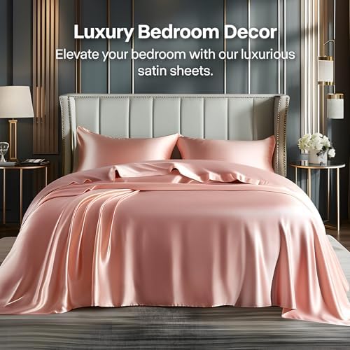 BEDELITE Satin Sheets King Size Bed Set, Rose Pink, 4 Pieces - Image 2