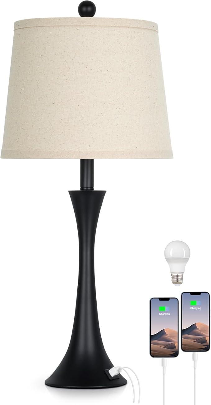 27.5" Black table Lamps for Living Room, Touch Control 3-Way Dimmable Bedside Nightstand Lamps Bedroom Lamp,Modern Black Table Lamp with USB A+C Ports,Tall Lamps for Living Room End Table（1Pack）