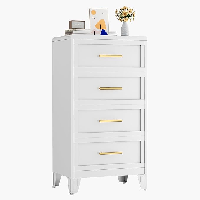 Metal Dresser for Bedroom Tall, White Dressers & Chest of Drawers, 4 Drawer Dresser with Curved Corner, Storage Cabinet with Drawers for Living Room, Entryway, Home Office (White, 24" W)