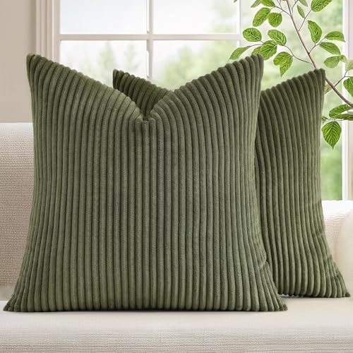 Mecatny Corduroy Fall Throw Pillow Covers 16x16 Set of 2 Olive Green by Mecatny