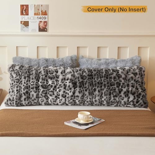 LIFEREVO Leopard Print Body Pillow Cover 20x54, Soft Faux Rabbit Fur Gray - Image 2