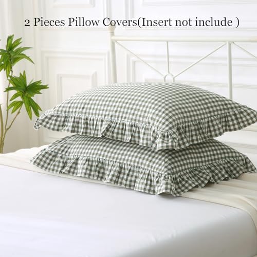 Silnuo Sage Green/White Plaid Ruffled Queen Size Pillow Shams Set of 2 - Image 5