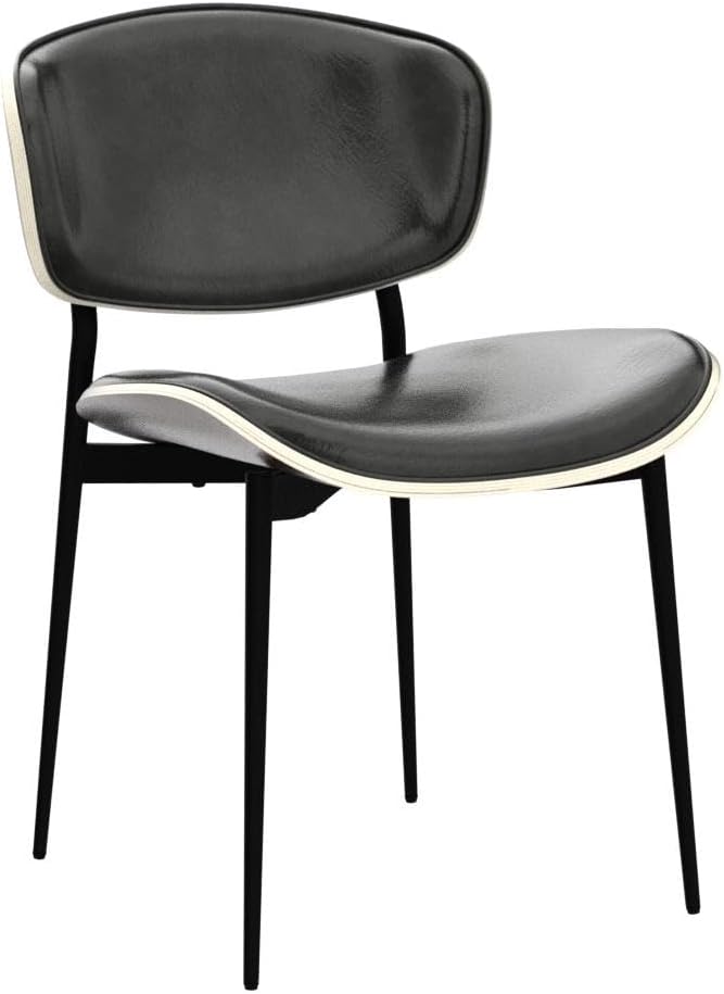 Art Leon Faux Leather Dining Chairs, Set of 2, Mid Century Modern Desk Chair No Wheels, Armless Accent Chair with Black Metal Legs, Black/Walnut