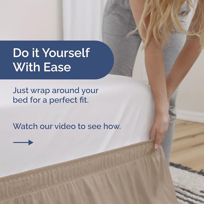 Wrap Around Dust Ruffle Bed Skirt - Cream - for Queen Size Beds w/ 16 Inch Drop - Easy Fit Elastic Strap - Adjustable Pleated Bedskirt w/Brushed Fabric, Wrinkle & Fade Free Women, Men, Kids & Teens