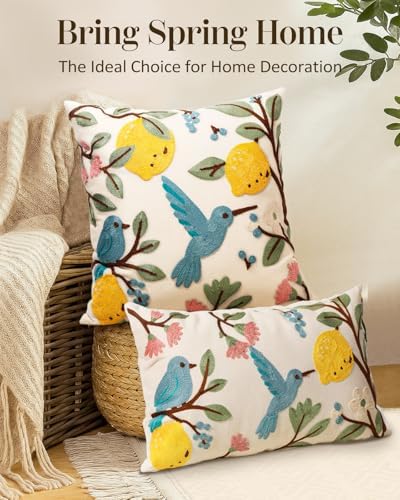 Embroidered Lumbar Pillow Cover 20x12 Inch, Bird Lemon - Image 5