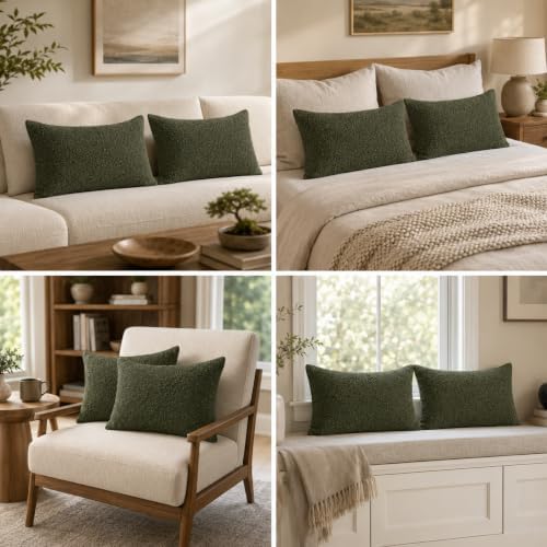 JoraLion 12x20 inch Boucle Throw Pillow Covers, Army Green Woven Texture - Image 3