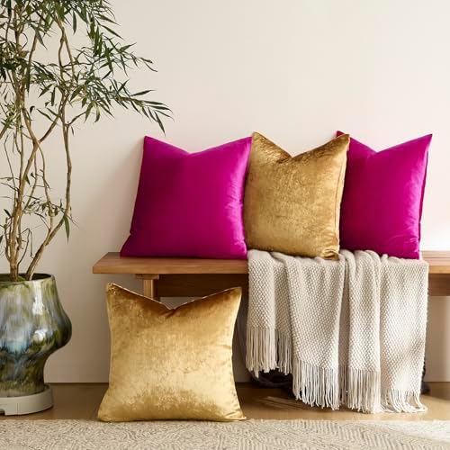 GIGIZAZA Pack of 4 Decorative Velvet Pillow Covers 16x16 Hot Pink Gold - Image 3