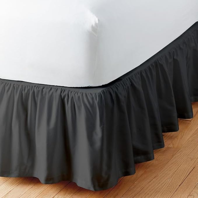 Rajlinen Ruffled Bed Skirt Queen, 12 Inch Drop Dust Ruffle with Split Corners, 100% Microfiber Bedskirt with Platform, Three-Sided Coverage Ruffled Gathering Design, Dark Grey