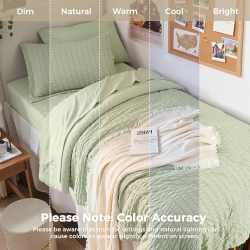 HYMOKEGE Light Green Twin Comforter Set Seersucker 5 Pieces, All Season Luxury - Image 5
