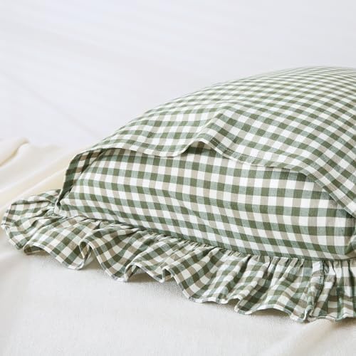 Mywinlle Sage Green Plaid Gingham Ruffle Pillow Shams Standard Size 20"x26" - Image 4