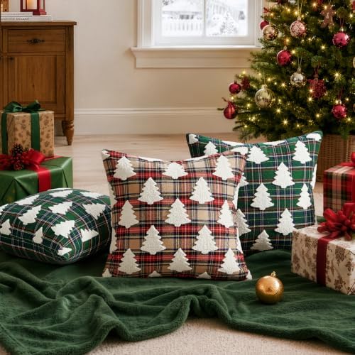 EMEMA Christmas Pillow Covers 20x20 Set of 2, Khaki Tartan Plaid Throw Pillow - Image 6