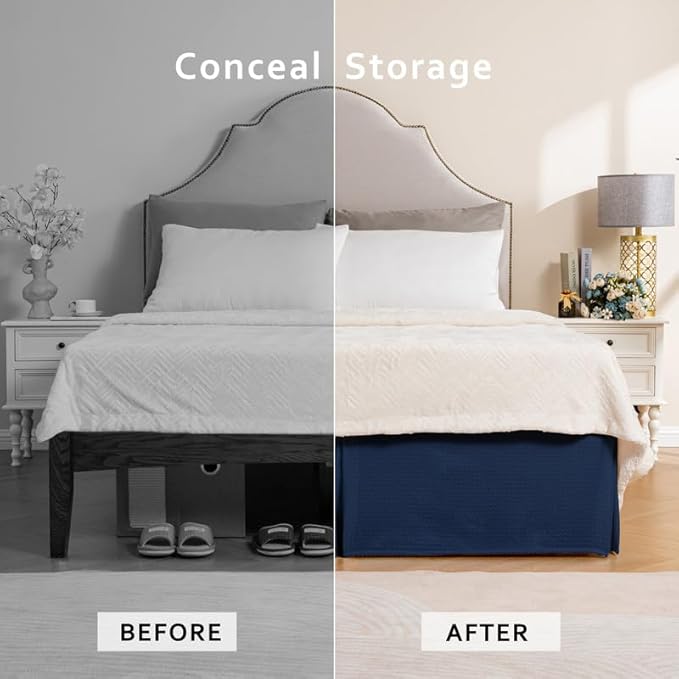 MIYE Pleated Waffle Weave Bed Skirt, Tailored Dust Ruffle 18 Inch Drop Easy Fit, Machine Washable (Navy Blue, King - 18" Drop)