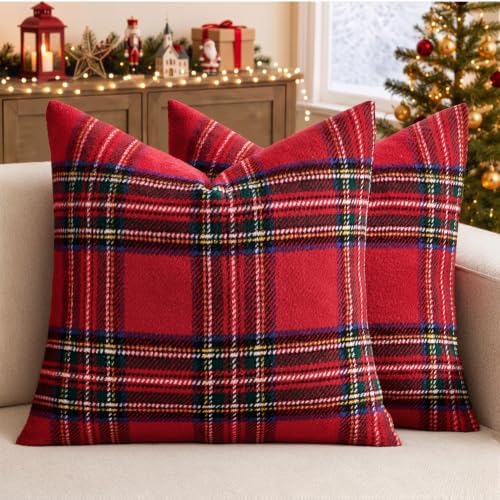 EMEMA Christmas Plaid Pillow Covers 18x18 Set of 2, Tartan Throw Pillow Covers by EMEMA