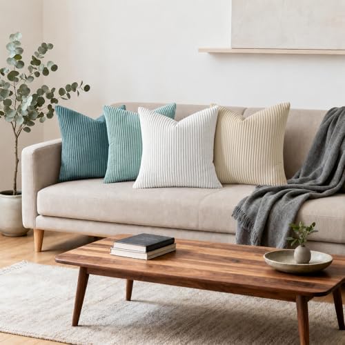 Mecatny Corduroy Decorative Throw Pillow Covers 18x18 Set of 2 Aqua - Image 3