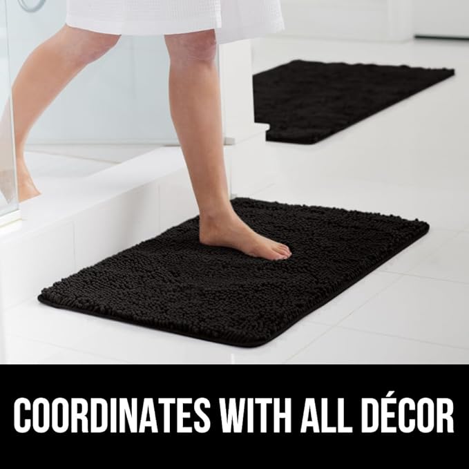 GORILLA GRIP Bath Rug Mat 60x24, Thick Soft Absorbent Chenille, Quick Dry Microfiber Mats, Rubber Backing Washable Shower Floor Rugs, Bathmat Runner, US Designed Bathroom Home Decor Accessories Black
