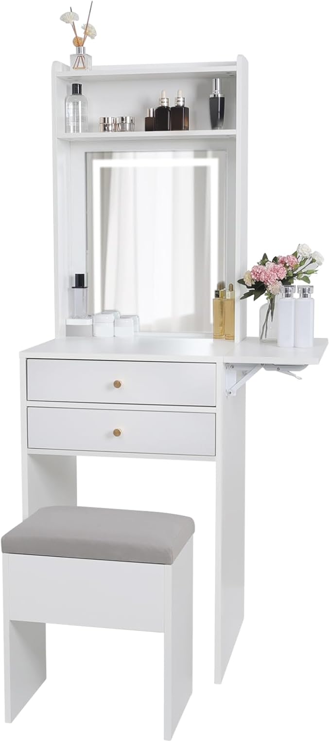 ARTETHYS Small Vanity Desk Set with 3 Adjustable Lighted Mirror and Storage Chair Mini Makeup Vanities Set for Compact Space White Dressing Table with Fold-up Panel for Bedroom
