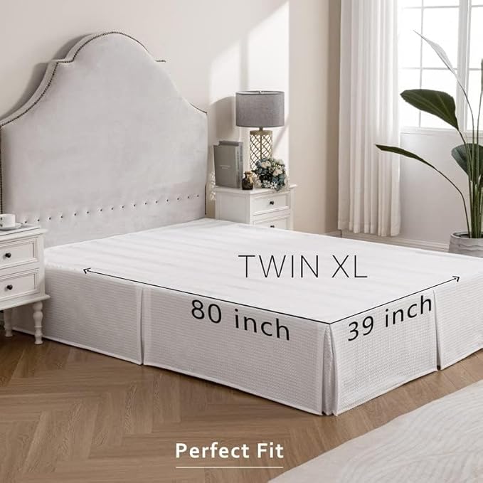 MIYE Pleated Waffle Weave Bed Skirt, Tailored Dust Ruffle 16 Inch Drop Easy Fit, Machine Washable (White, TwinXL - 16" Drop)
