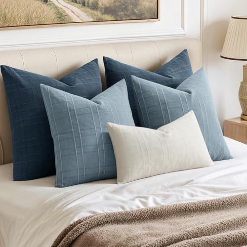 MIULEE Linen Plaid Pillow Covers Coastal Decorative 20x20 Blue Grey - Image 3