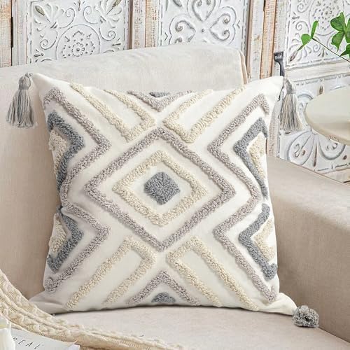 Boho Pillow Covers 18X18 Inch Boho Tufted Throw Pillow Covers Decorative by LOOPUINHOM