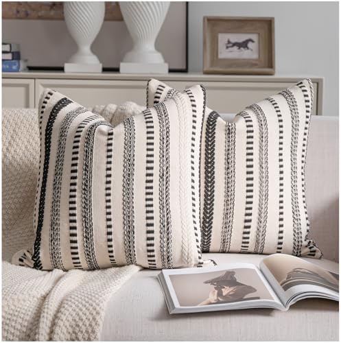 Cethom Black Boho Throw Pillow Covers 20x20 Inch Set of 2, Stripe Textured by Cethom
