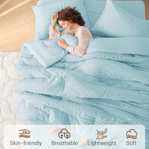 MUXHOMO 7 Pieces Oversized King Comforter Set, Seersucker Bed in a Bag - Image 2