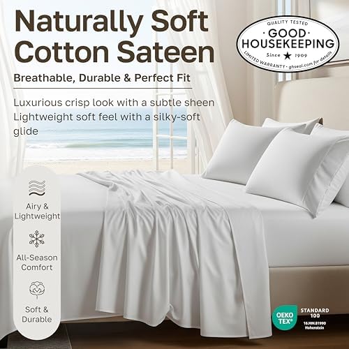 Pack of 2 Soft Natural 100% Cotton Sateen Fitted Sheet Full, Bright White - Image 3