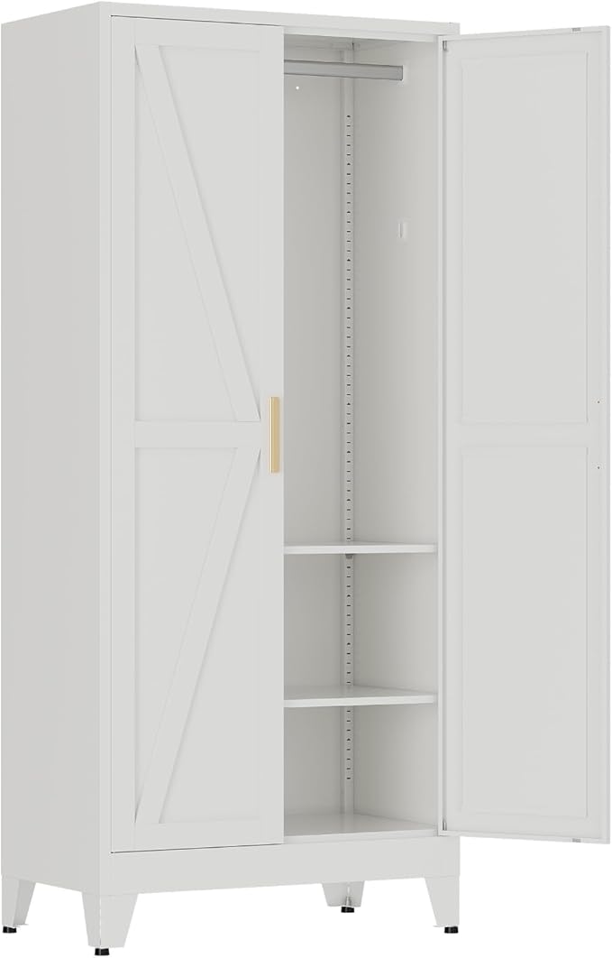 71" Tall Metal Armoire Wardrobe Closet with Removable Hanging Rod and Adjustable Shelves,White Armoire Wardrobe Cabinet for Bedroom Garage Laundry Room Office